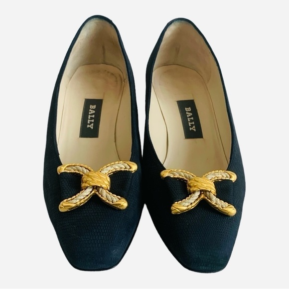 BALLY Vermont Navy Blue Leather Pumps Low Heels Bow Women’s Size 5 - Picture 3 of 8